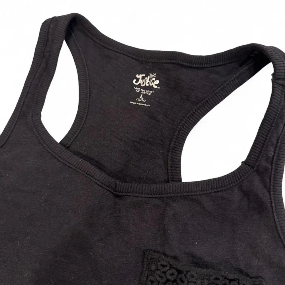 Justice Girls Black Racerback Tank Top Crochet Pocket Size 12/14 Women Small
